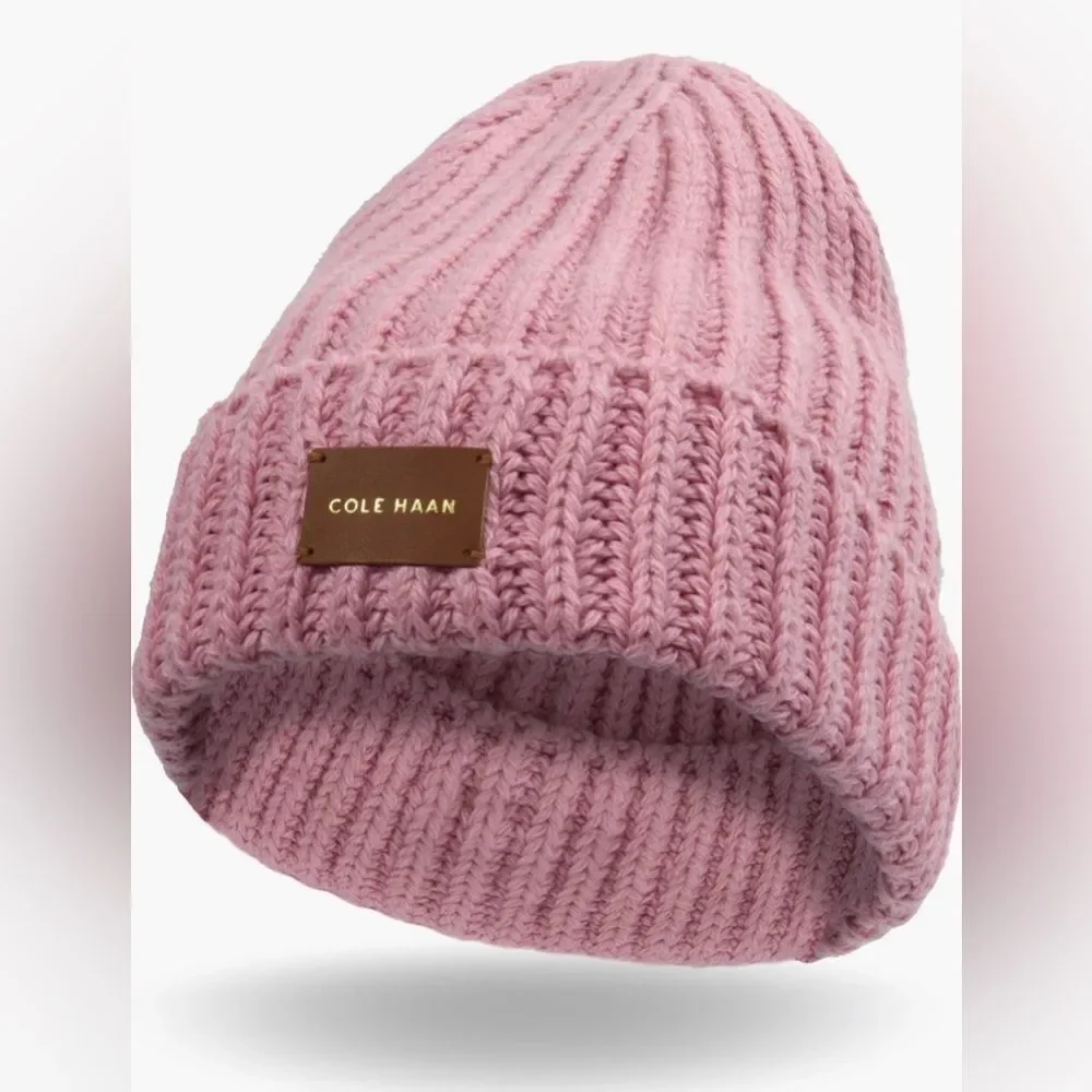 Cole Haan Logo Zephyr Pink Chunky Knit Cuffed Beanie Winter Hat OS